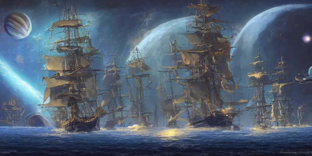 Image similar to Photorealistic epic science fiction painting of a tall ship with three masts sailing through space, by Rodney Matthews and Roger Dean. photorealism, UHD, amazing depth, glowing, golden ratio, 3D octane cycle unreal engine 5, volumetric lighting, cinematic lighting, cgstation artstation concept art