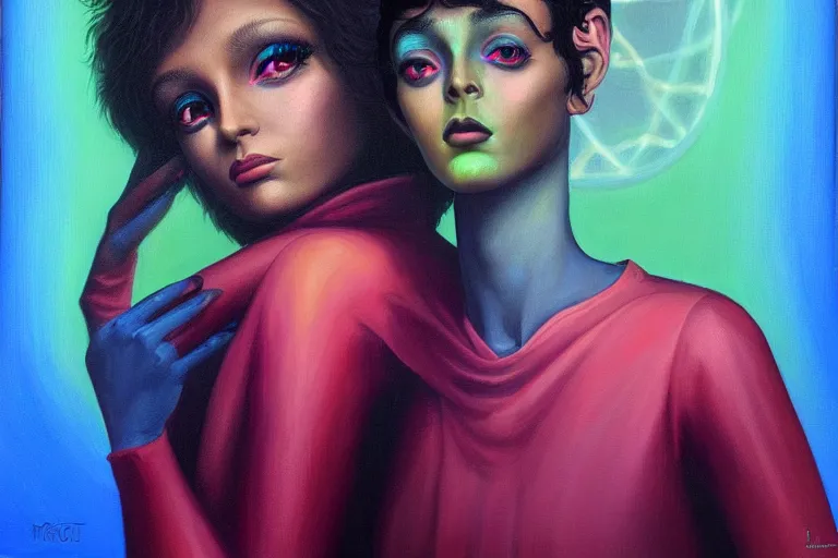 Image similar to patron saint of 🛸🌈👩🏾, futuristic clothing, neon god of city character portrait, in the style of margaret keane, moebius, tom bagshaw, and waterhouse, cinematic lighting, beautiful, elegant, oil painting,