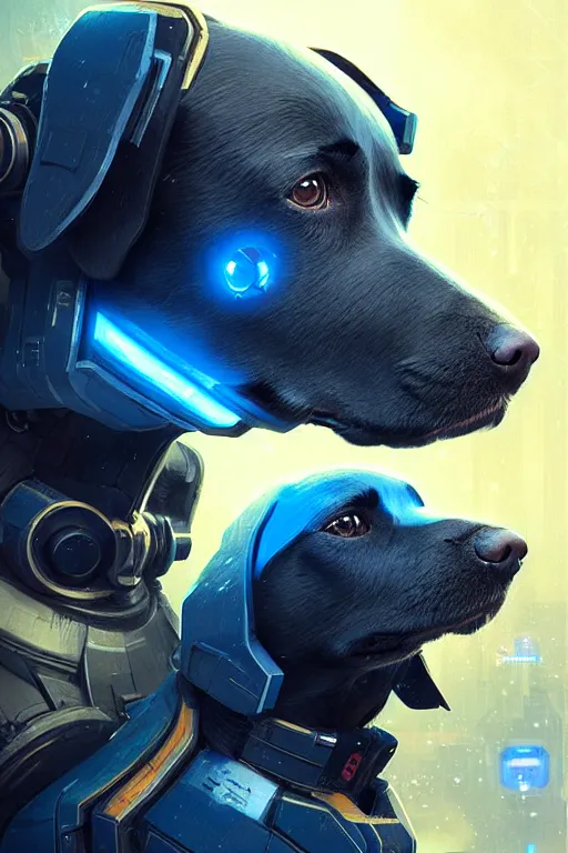 Image similar to a beautiful portrait of a cute cyberpunk dog with blue tinted starfield in the background by greg rutkowski and wlop, digital art, highly detailed, fine detail, intricate, ornate, complex