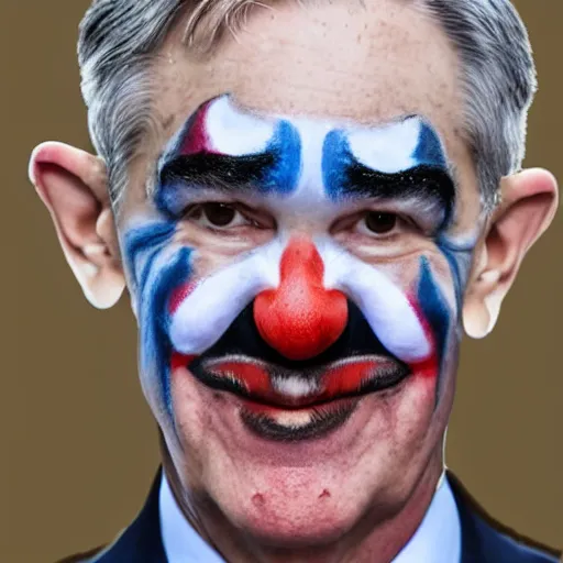 Image similar to photo of Jerome Powell with whiteface clown makeup using a flamethrower