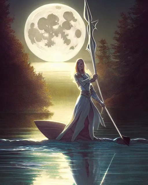 Image similar to excalibur in the middle of a lake under a giant full moon, rippling reflections, romantic, cinematic, intricate, elegant, highly detailed, artstation, concept art, smooth, sharp focus, art by artgerm and greg rutkowski and alphonse mucha, masterpiece.