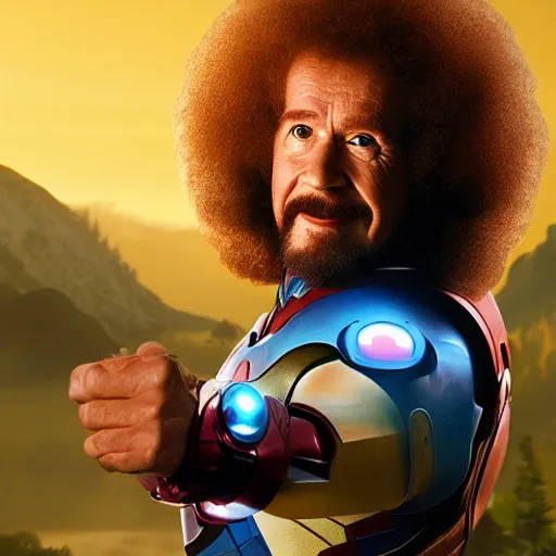 Image similar to a still of Bob Ross as Ironman. Magic Hour. Professional photography, 4K. Mood