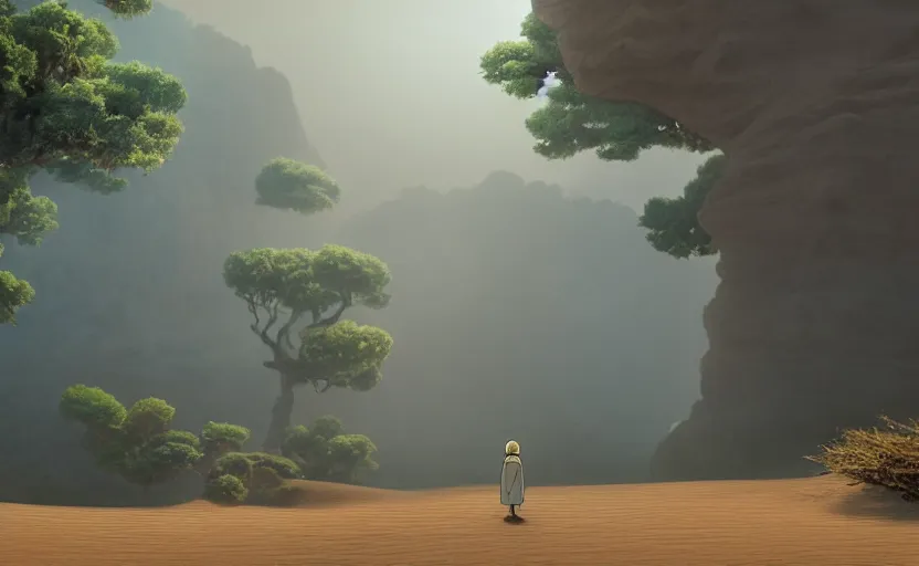 Prompt: a movie still from a studio ghibli movie showing a highly detailed landscape with a giant living buddha statue walking through a valley in the desert. misty, depth perception, 4 k