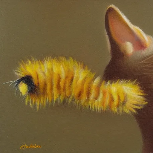 Prompt: a cat with bee's wings oil painting