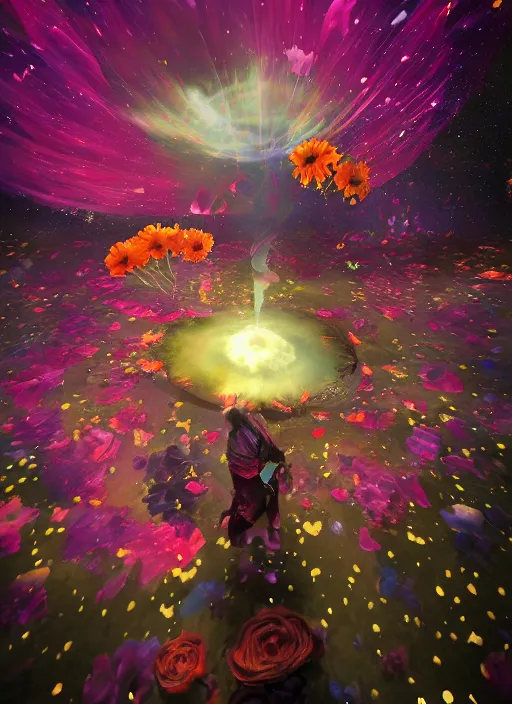 Image similar to An epic fantastic realism comic book style painting of the most beautiful spinning flowers floating into the dark and starry cosmos, exquisite bouquets, fisheye, a star implodes, unreal 5, DAZ, hyperrealistic, octane render, dynamic lighting