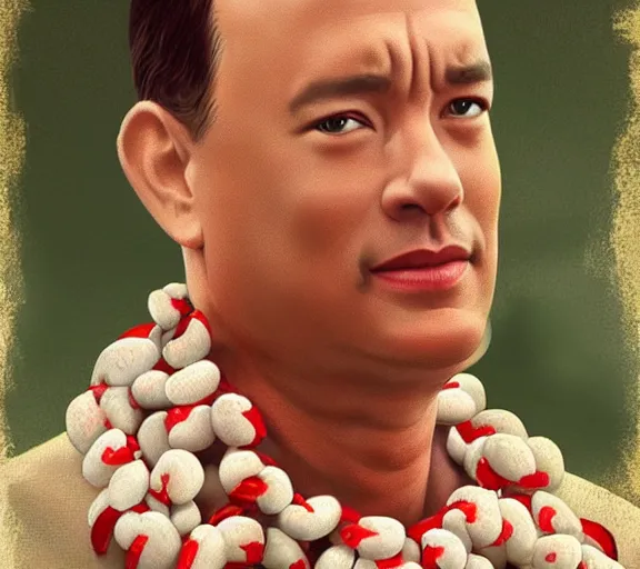 Image similar to Tom hanks as forrest gump wearing a necklace of shrimps around the neck, realistic face, digital art, in the style of Raphael Lacoste, amazing detail, artstation