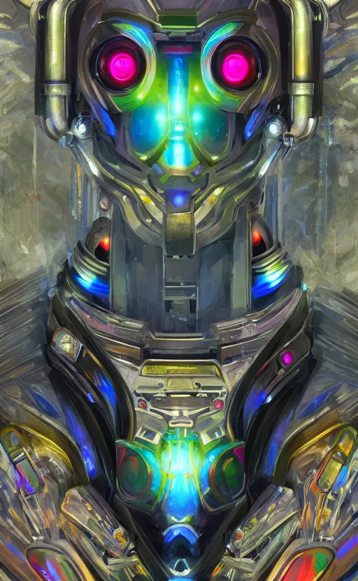 Image similar to upper half portrait of retro futuristic mech robot - embellished with vegetation and iridescent crystals, art by stanley artgem lau, highly detailed, digital painting, concept art, illustration, smooth sharp focus, intricate, symmetry, artstation, colourful,