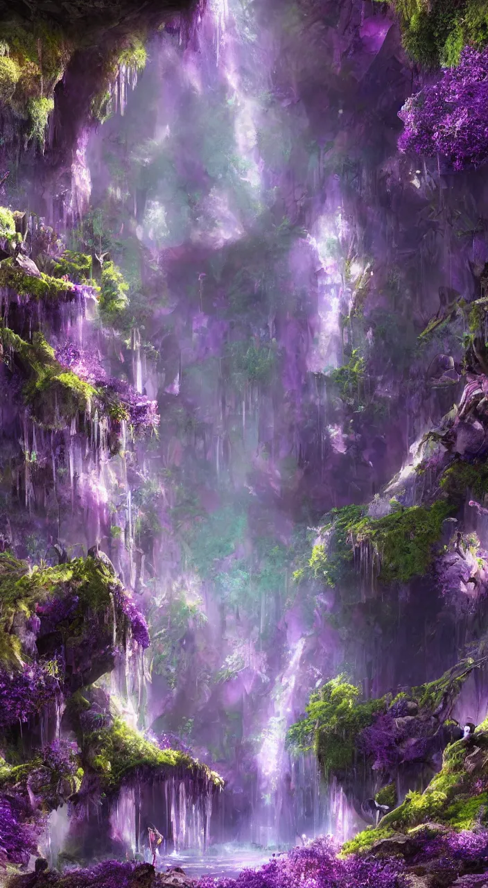 Prompt: a mystical fairy city in the amethysts wall of a dreamy waterfall cave with and lilac sunrays, trending on artstation, concept art, matte painting, 8 k