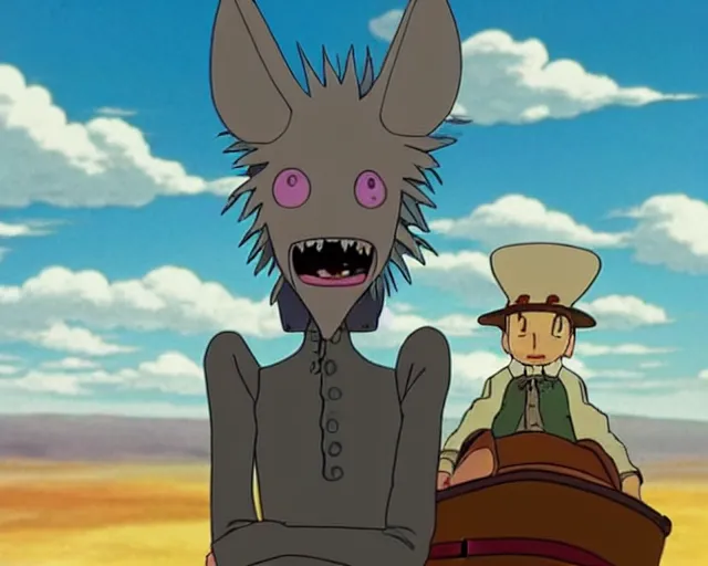 Prompt: a cell shaded cartoon grey lovecraftian mechanic wolf from howl's moving castle ( 2 0 0 4 ), with a big head, on a desert road, wide shot, studio ghibli, hq