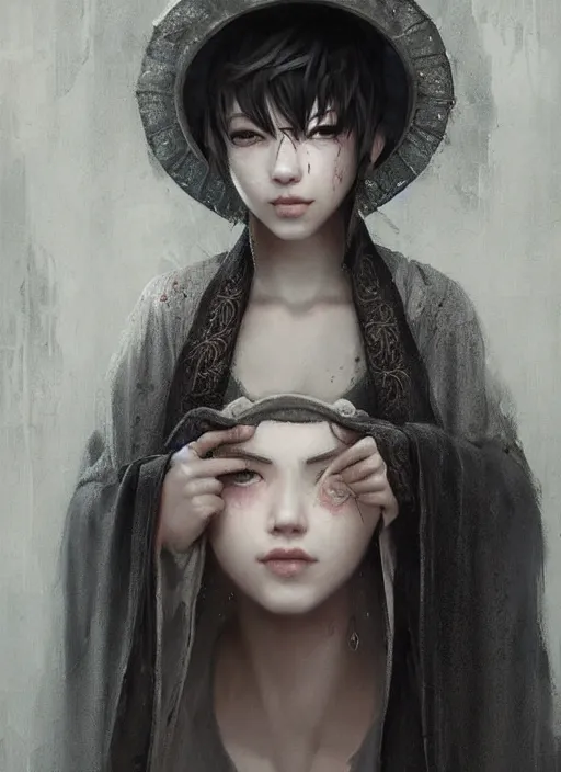 Image similar to girl with short white hair, tattered grey cloak, asian rice hat, beautiful highly detailed face, beautiful painting by artgerm and greg rutkowski and raymond swanland