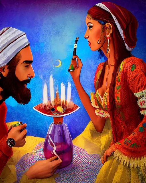 Image similar to chad bearded guy smoking hookah on a date with girl in turkish national dress, acid trip style, artwork, 4 k