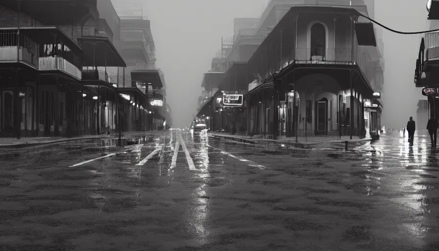 Prompt: empty bourbon street, rainy morning, wet ground, grey sky, hyperdetailed, artstation, cgsociety, 8 k
