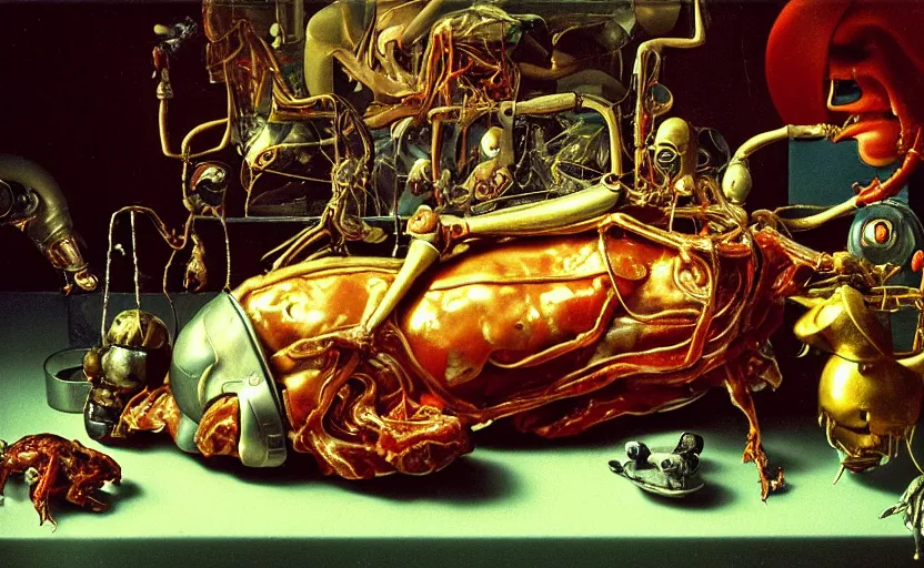 Image similar to strange robot body, disturbing colorful oil painting dutch golden age vanitas still life sparse composition with bizarre objects strange gooey transparent surfaces shiny metal reflections bizarre mutant meat insects rachel ruysch dali todd schorr very detailed perfect composition rule of thirds masterpiece canon 5 0 mm, cinematic lighting, photography, retro, film, kodachrome