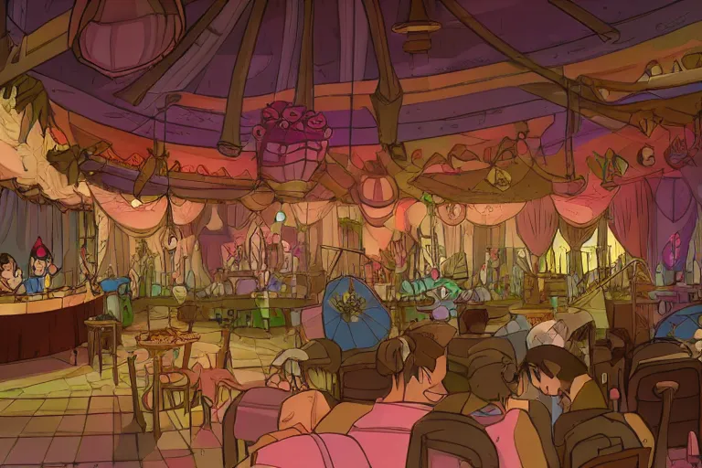 Image similar to interior wide angle shot of a fantasy cabaret in the style of studio ghibli and makoto shinkai, clean lines