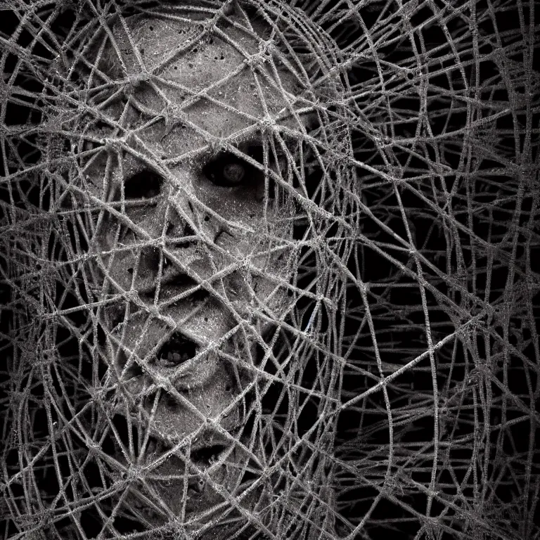 Prompt: surreal closeup face portrait of faceless ribbed spiky ghost man, abandoned ghost building, abandoned cathedral covered with wires, black background, baroque painting, desolate empty wasteland, creepy, nightmare, dream-like heavy atmosphere, surreal abandoned buildings, neoclassic, baroque painting, beautiful detailed intricate insanely detailed octane render trending on Artstation, 8K artistic photography, photorealistic, volumetric cinematic light, chiaroscuro, Raphael, Caravaggio, Beksinski, Giger, Rembrandt