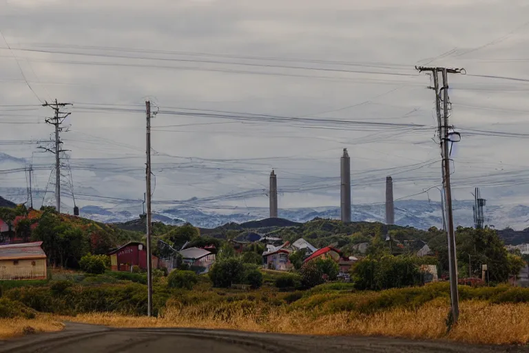 Image similar to looking down a road with warehouses on either side. hill background with radio tower on top. telephoto lens compression.