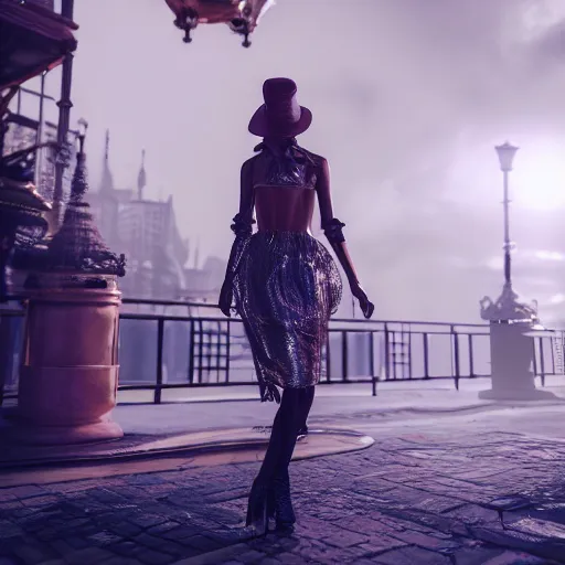 Image similar to Fashion Catwalk!! on a platform in an Angelic Floating City in the Clouds, Fashion Photography, Hyperrealistic, Intricate Details, Raytracing, Volumetric Lighting, Lightshafts, Smooth Gradients, Unreal Engine 5, Photorealism, Concept Art