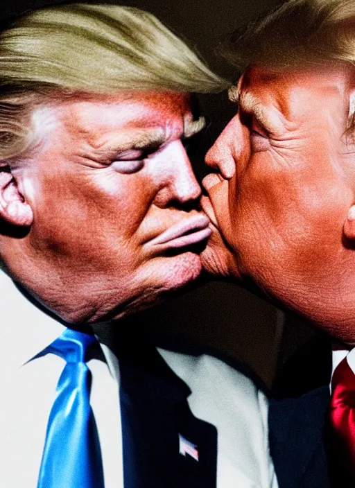 Image similar to beautiful high quality photo of donald trump kissing donald trump. hq. donald trump and donald trump kissing. two donald trumps kissing each other.