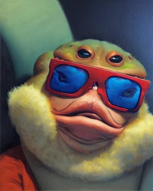 Prompt: hyper realistic oil painting of chubby toad watching a movie on the couch eating some popcorn, vibrant colors, anaglyph glasses, high contrast, by greg rutkowski, trending on artstation