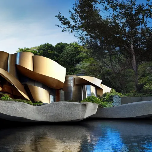 Image similar to a futuristic modern house, on a floating rock island, alien planet covered in water, multiple waterfalls, multiple moons glowing, stars, frank gehry