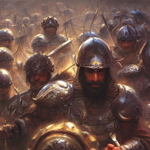 Prompt: the strongest persian warrior, face covered in shadows by his helmets, highly detailed painting by donato giancola and bayard wu, 8 k, digital art
