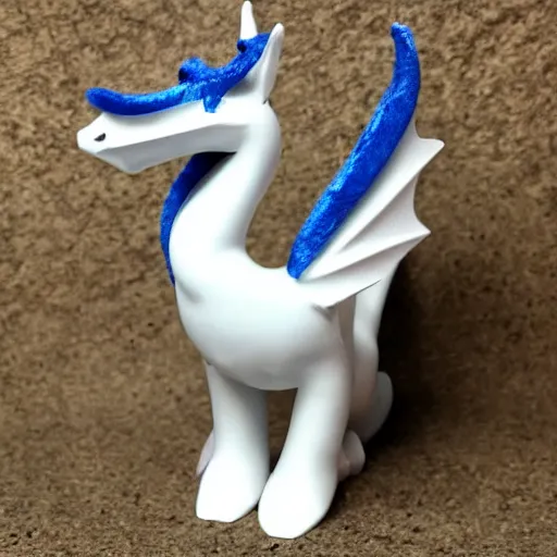 Prompt: white dragon with a blue neck mane, 2 grey horns from a 3/4ths angle