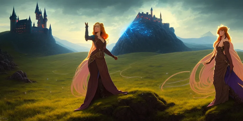 Image similar to a photo of a fantasy female wizard surrounded by magical particles stands on a hill. in the background on another hill stands a castle with mountains in the background, filled with magic, highly detailed, digital painting, artstation, smooth, sharp focus, illustration, art by artgerm and greg rutkowski and alphonse mucha