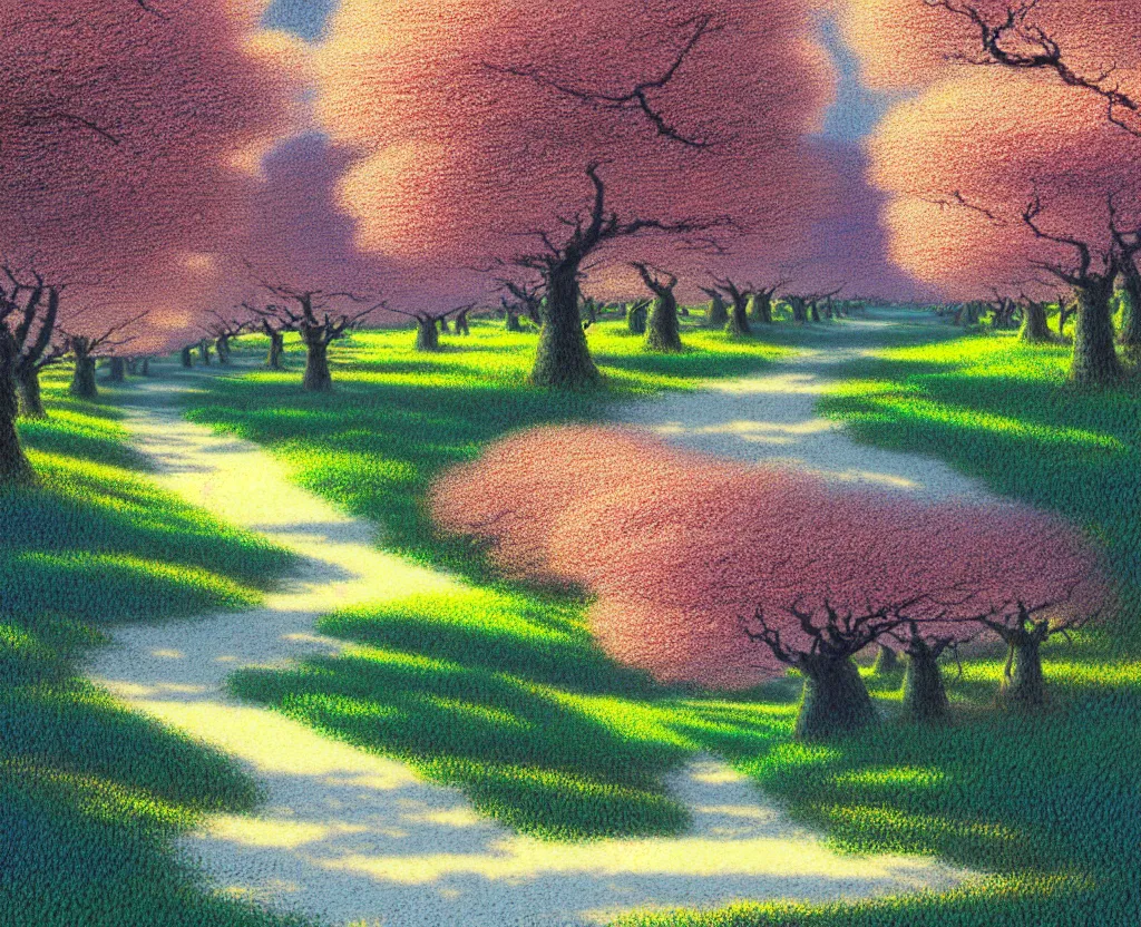Image similar to a landscape pastel in the style of noriyoshi ohrai, mark tedin and bob ross of an orchard where all the trees are made of chrome metal. a path leads through th eorchard key art. 4 k retrofuturistic fantasy