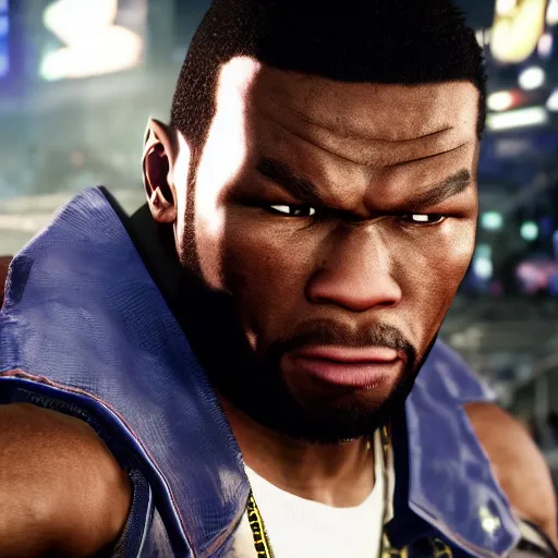 Image similar to a videogame still of 50 Cent in Tekken 7, portrait, 40mm lens, shallow depth of field, close up, split lighting, cinematic