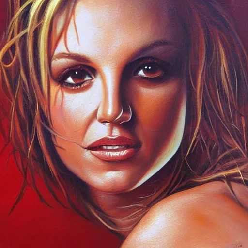 Prompt: detailed portrait of britney spears intricate, hyper detailed, realistic, oil painting, by julie bell, frank frazetta, cinematic lighting