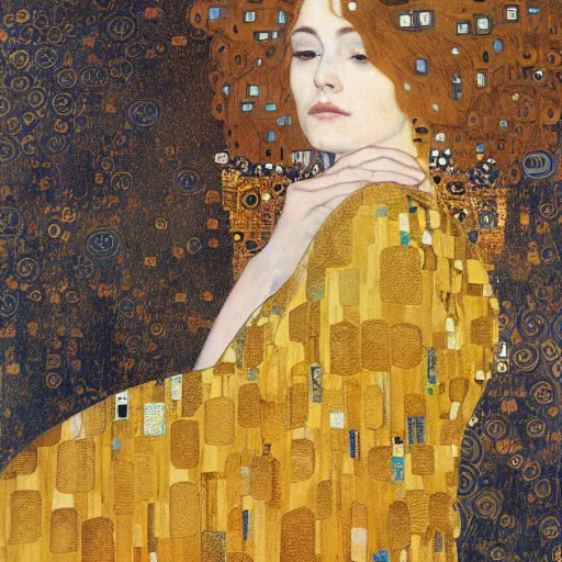 Prompt: A woman in side profile with long hair, and a flowing dress, by Gustav Klimt, gold leaf, ornate, highly detailed, intriquite gold background, sorrowful expression