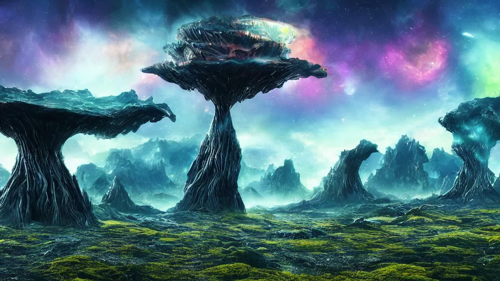 Image similar to an alien landscape view, alien sky, star in the sky, alien waterfall, weird alien trees, alien mountains, epic composition, colorful, 4 k, detailed, realistic