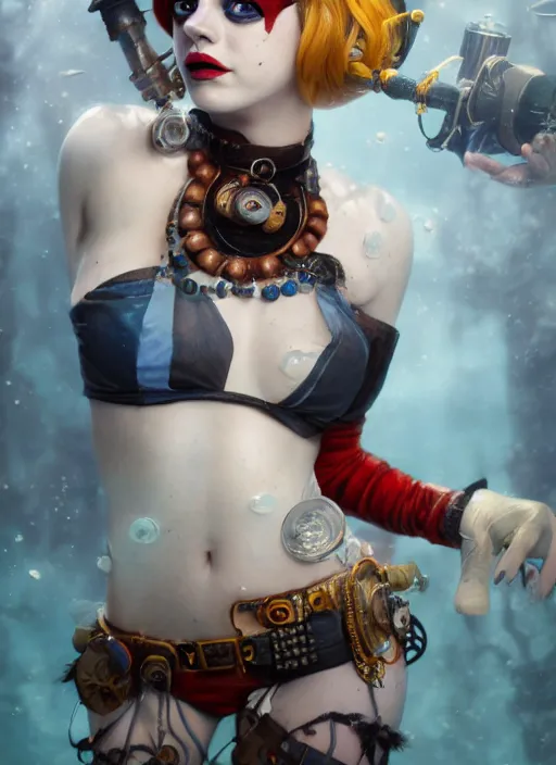 Image similar to underwater steampunk portrait of emma stone as harley quinn, hyper detailed, digital art, cinematic lighting, studio quality, smooth render, unreal engine 5, octane rendered, art style by klimt and nixeu and ian sprigger and krenz cushart.