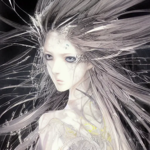 Image similar to Yoshitaka Amano blurred and dreamy illustration of an anime girl with wavy white hair and cracks on her face wearing Elden ring armour with the cape fluttering in the wind, abstract black and white patterns on the background, noisy film grain effect, highly detailed, Renaissance oil painting, weird portrait angle