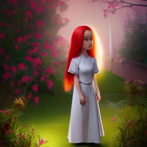 Prompt: young nun with light red long hair standing in a garden, 4k, detailed face, high details, 2D, art, behance