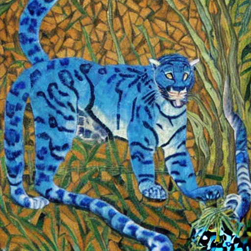 Image similar to church painting of the god of nature, the blue panther, impressionistic mosaic