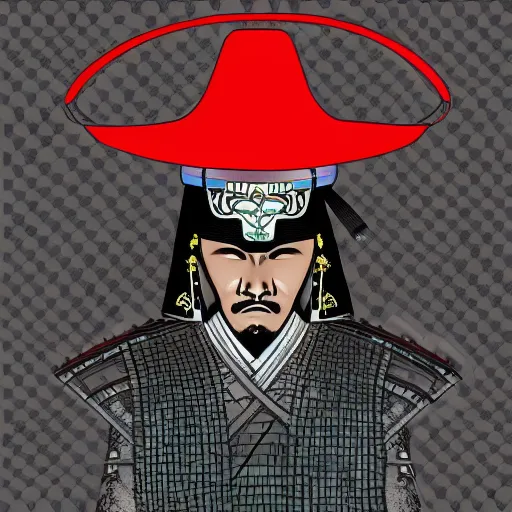 Prompt: a detailed dramatic digital art of a samurai wearing a birthday hat