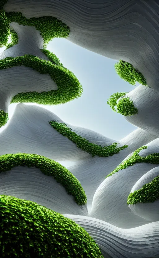 Image similar to highly detailed ultra sharp 3 d render cinematic composition of a smooth ceramic porcelain magnolia stone white fluid fractal sci - fi surreal architecture landscape, marble, magnesium, foliage, archviz, vincent callebaut composition, mamou - mani, beautiful lighting, 8 k, unreal engine, hdr, dof