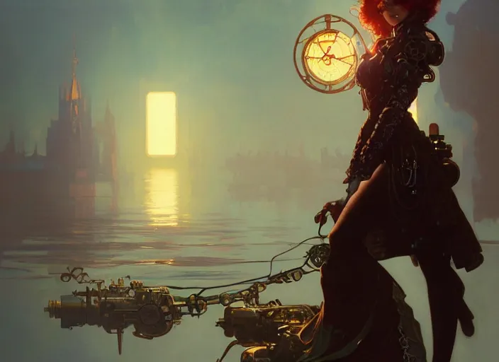 Image similar to woman model, steampunk!!! and modern, rgb, lake, backlit, elegant, highly detailed, digital painting, artstation, concept art, smooth, sharp focus, illustration, art by krenz cushart and artem demura and alphonse mucha