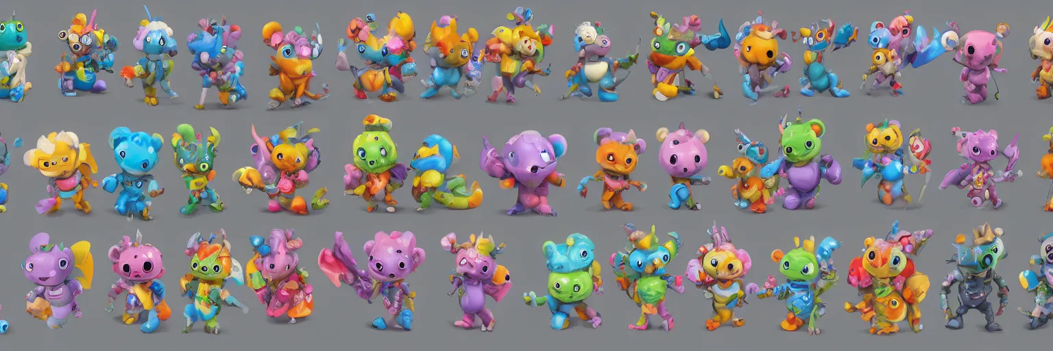 Prompt: concept sheet of cute colorful 3 d family characters for kids assisting a concept machine. combine : robots, dragons and fluffy bears. big eyes, simple smooth shapes and forms, reflective like candy, masterpiece, award - winning, intricate concept art, 8 k, artstation