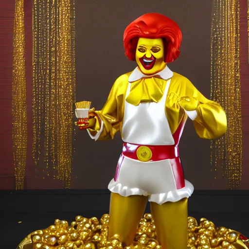 Image similar to A still of Ronald McDonald surrounded by gold and diamonds, Award-winning, photograph, 3d render, unreal engine, 4k detailed