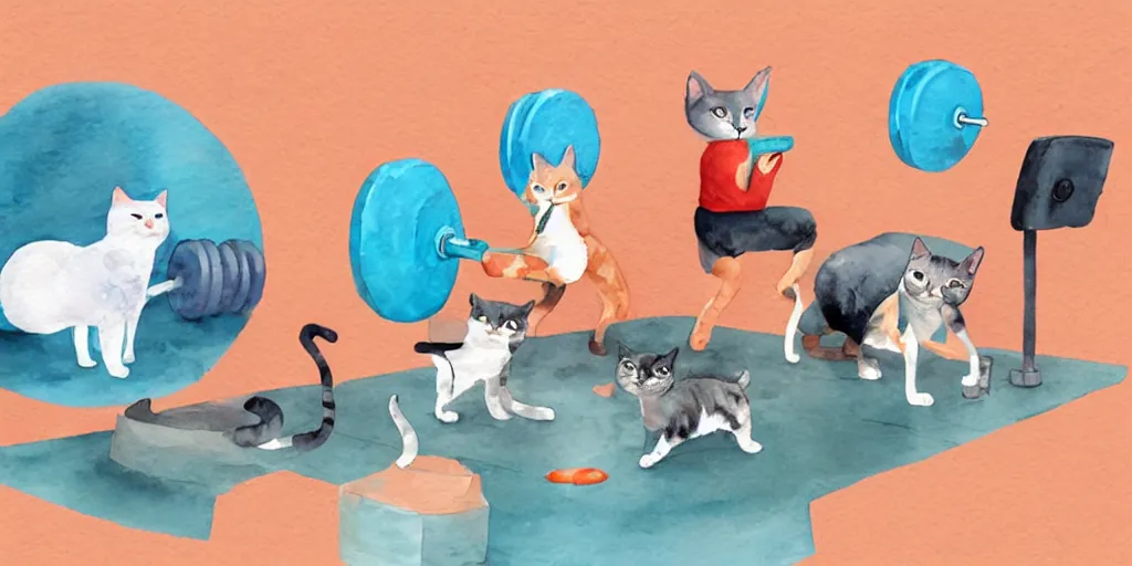 Prompt: watercolor illustration style, cute cat trainer training other cute cats in the fitness studio environment