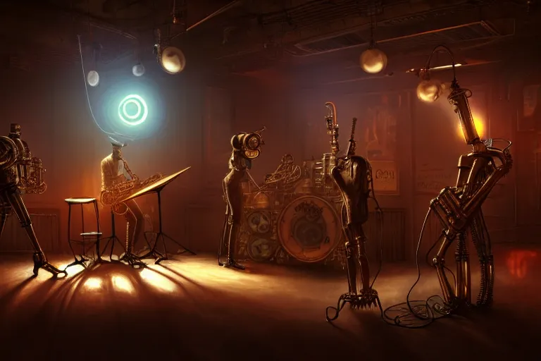 Image similar to 3 steampunk robot jazz musicians playing at a night club, focus on the musicians, cinematic lighting, exaggerated detailed, unreal engine, octane render, trending on artstation, art by greg rutkowski, 4 k