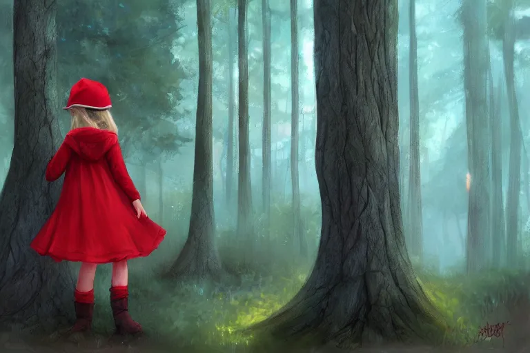 Prompt: a little girl in red hat forest, by charlie bowater