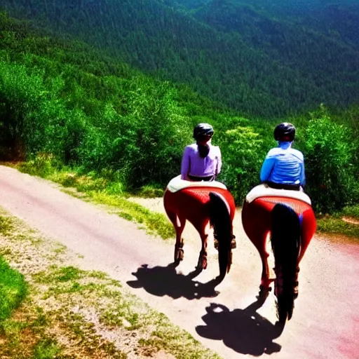 Prompt: horse riding! bicycle!, cycling!!, anthropomorphic!!!!, in the mountains, award winning photo,