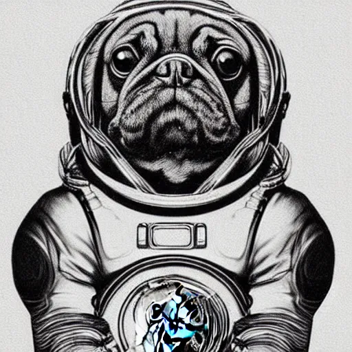 Image similar to pencil art, golden - ratio, spirals, highly detailed, psychedelic astronaut pug in outer space by davinci.