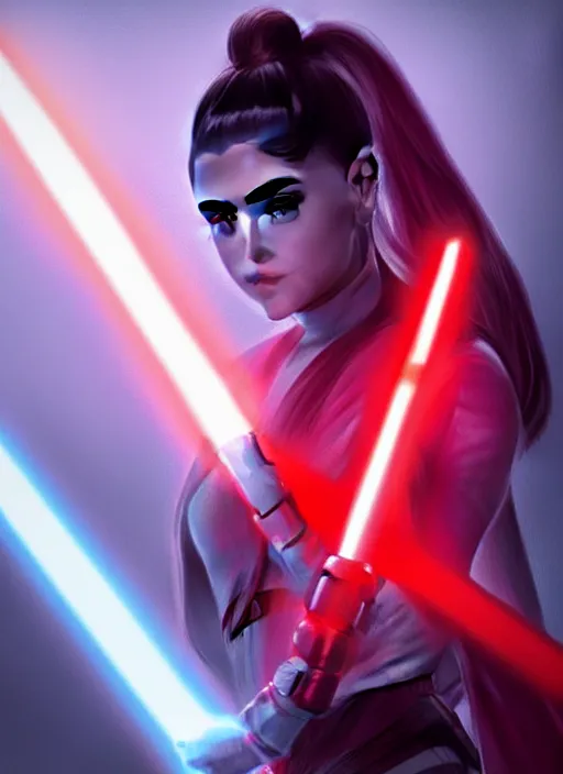 Image similar to Photo of Ariana Grande with a red lightsaber, Star Wars concept art, trending on artstation, dramatic lighting, photo-realistic