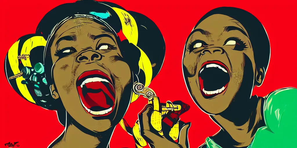 Image similar to mama africa laugh at her child!!! pop art, pixel, bioshock, gta chinatown, artgerm, richard hamilton, mimmo rottela, julian opie, aya takano, intricate, sharp focus, concept art, smooth, focus on details