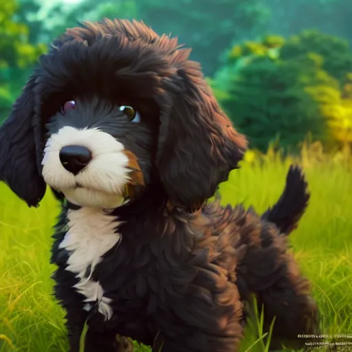 Image similar to a wholesome animation key shot of a black bernedoodle puppy, studio ghibli, pixar and disney animation, sharp, rendered in unreal engine 5, anime key art by greg rutkowski, bloom, dramatic lighting