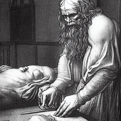 Image similar to a wider shot of the morgue. leonardo da vinci, in his late 3 0 ’ s, sits alone. he has parchment and a pen, and is sketching the human heart. in the background – past the heart – we see its occupant, a corpse